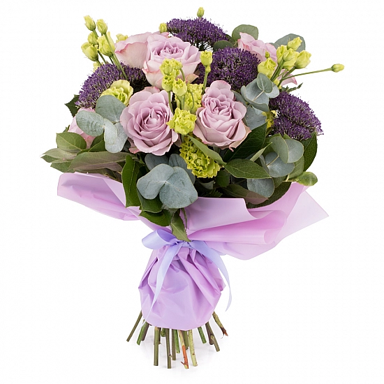 Buchet de 7, Trandafiri, Mov, 5, Lisianthus, Verde, Verzi, 5, Trahelium, Mov, Verdeață