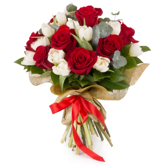 Buchet de 9, Trandafiri, Roșii, Roșu, 20, Lalele, Albe, Lalea, Verdeață