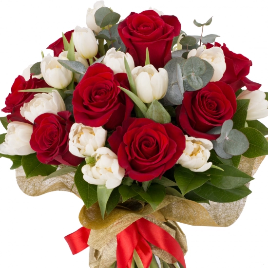 Buchet de 9, Trandafiri, Roșii, Roșu, 20, Lalele, Albe, Lalea, Verdeață