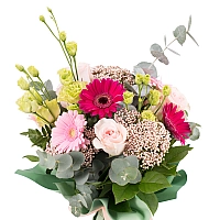 Buchet de 7, Trandafiri, Peach, 3, Gerbera, Mov, 2, Gerbera, Roz, 3, Floare de orez, 2, Lisianthus 3