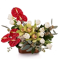 Aranjament floral din Anthurium, Lalele, Lalea, Cymbidium, Orhidee, Floare de orez, Verdeață, Vas 2