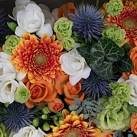 Aranjament Gerbera, Frezii, Albe, Frezie, Eryngium, Lisianthus, Verde, Verzi, Minirosa, Cutie 4