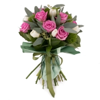 Buchet de 9, Trandafiri, Ciclam, 10, Lalele, Albe, Lalea, 5, Green trick, Verdeață 2