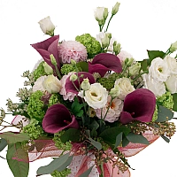 Buchet de Cale, Grena, Cală, Dalii, Dalie, Lisianthus, Viburnum, Astrantia, Verdeață, Alb 3