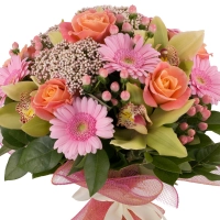 Buchet de Trandafiri, Portocalii, Hypericum, Floare de orez, Gerbera, Cymbidium, Verde, Orhidee, Roz 3