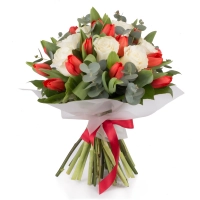 Buchet din, Lalele, Lalea, Roșii, Roşu, Trandafiri, Albi, Verdeață 2