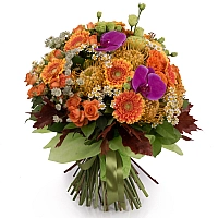 Buchet Leucospermum, Gerbera, Lisianthus, Phalaenopsis, Mușețel, Astrantia, Minirosa, Frunză Arțar 2