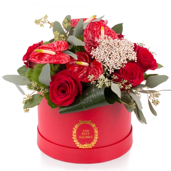 Aranjament de Trandafiri, Anthurium, Green trick, Floare de orez, Verdeață, Cutie, Rotundă, Roșie
