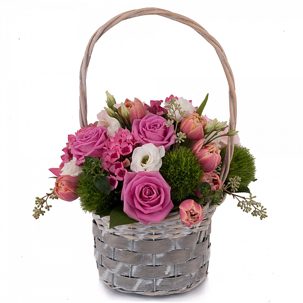 Aranjament de Trandafiri, Trandafiri,  Lalele, Lalea, Gerbera, Green trick, Lisianthus, Bouvardia