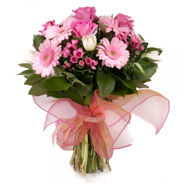Buchet 5, Trandafiri, Roz, Trandafir, 7, Gerbera, 5, Bouvardia, 10, Lalele, Albe, Lalea, Verdeață