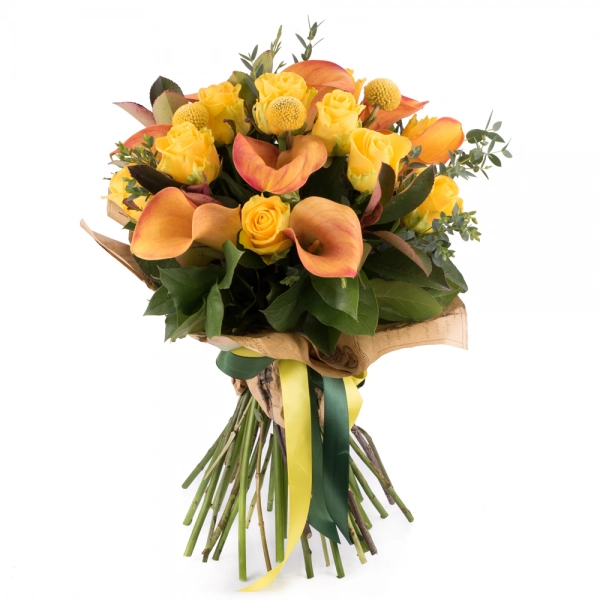 Buchet de 13, Trandafiri, Galbeni, 9, Cale, Pportocalii, Cală, Portocaliu, 3 Craspedia, Verdeață